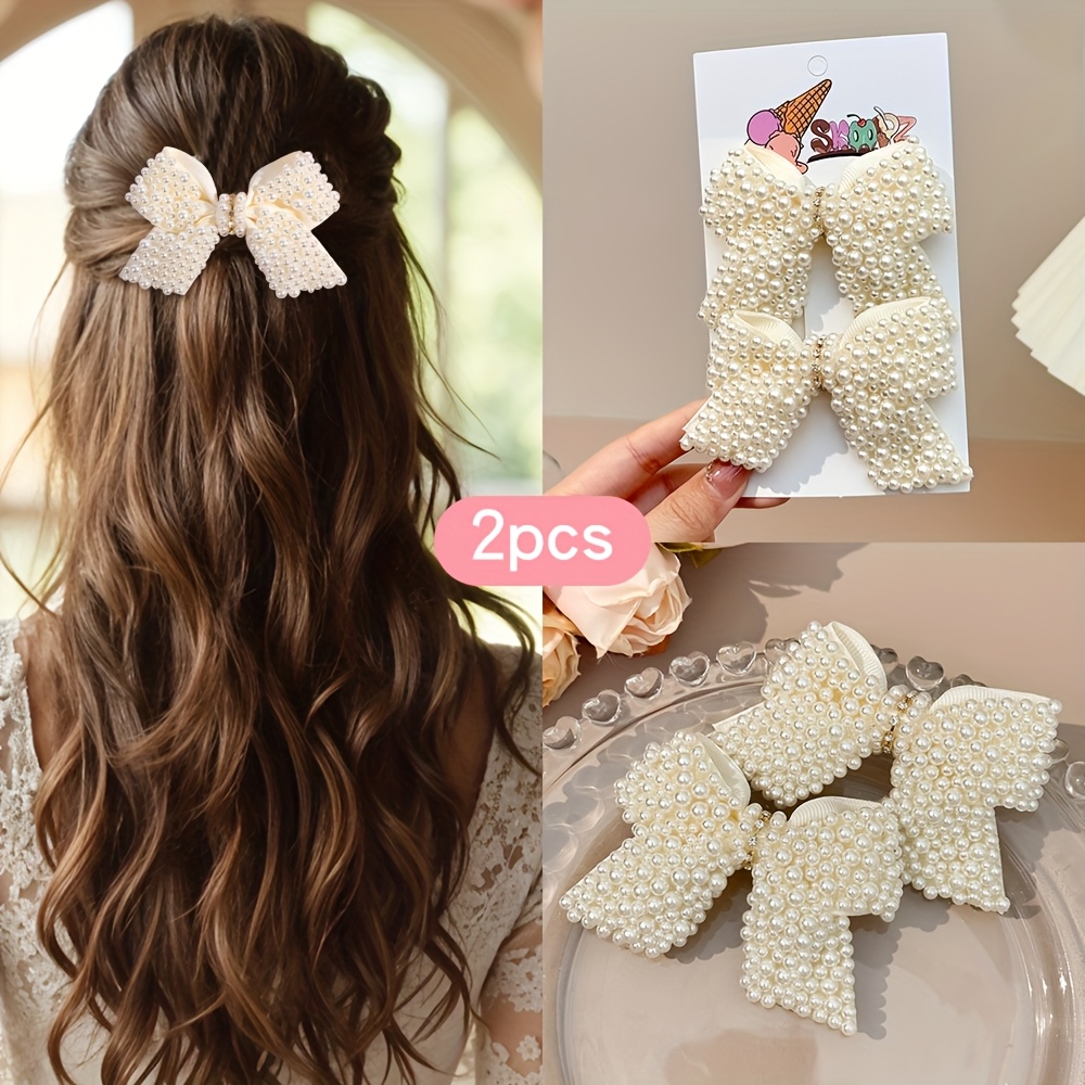Image of 2pcs Boutique Bow Hair Clips Pearl Bow Hair Barrettes Beige Hair Bow Clips Glitter Hair Bow Additions For Gifts, Vacation, Wedding