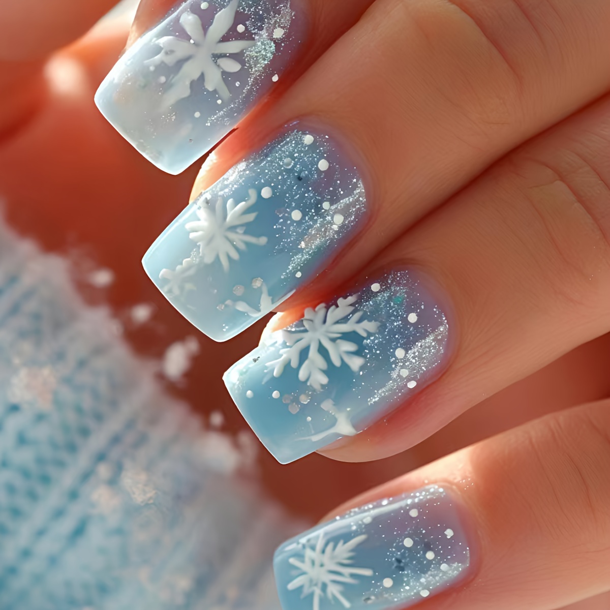 Christmas 24pcs Short Glossy White Gradient False Nails With White Snowflake Design, Detachable Blue Press-on Nails, Nail Stickers For Festive, Daily, And Party Use, Pre-made Set
