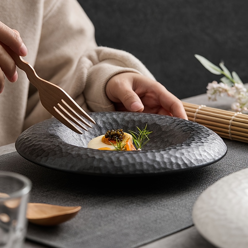 2 Elegant Black and White Ceramic Plates - Premium Tableware with Creative Hammered Design, Perfect for Western Cuisine Desserts Salads Home & Restaurants Artistic Straw Hat Style