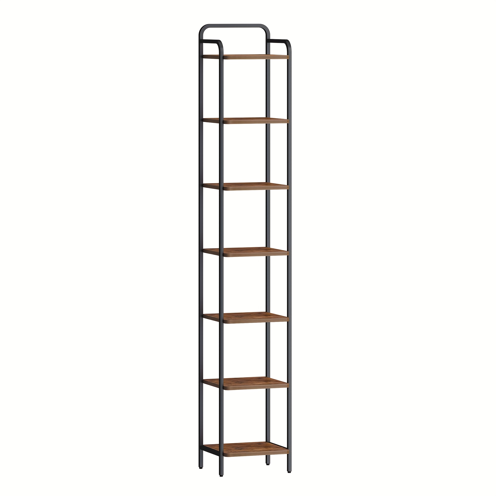 A -black Bookshelf With Tiers, Suitable For Home Offices, Living Rooms, Bedrooms, And Kitchens, Featuring A Narrow Design And Industrial Corner Style