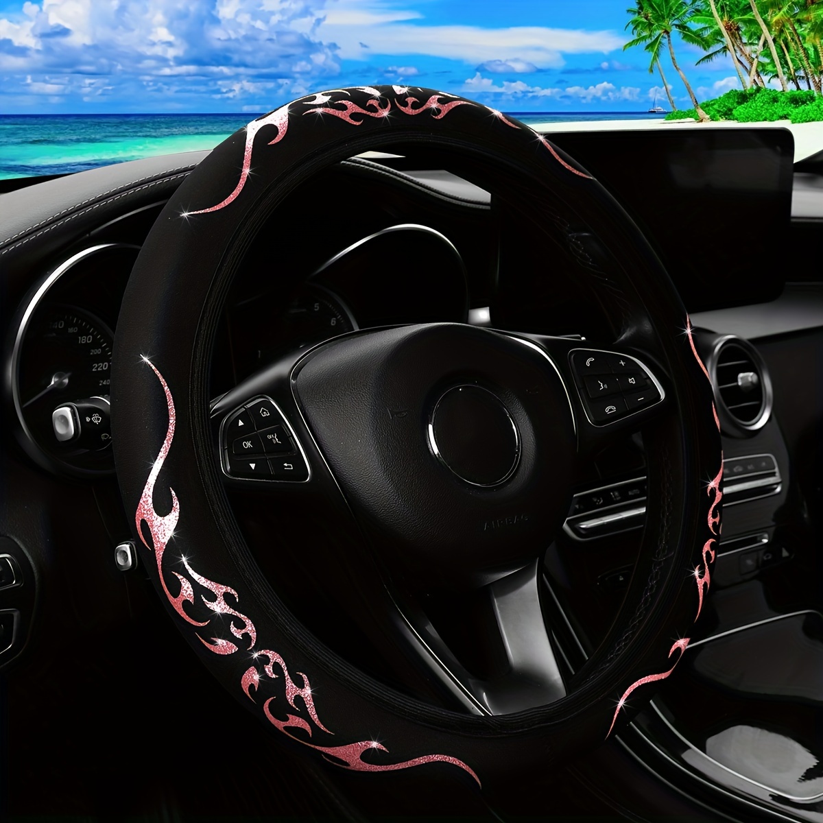 

A Vibrant Steering With A Shiny Blingbling Totem Design, And , Suitable For -15 Inch Car Accessories Without .