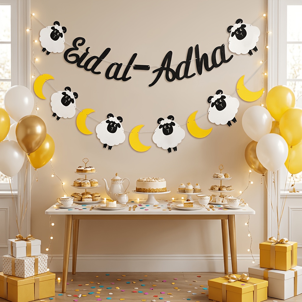 eid al   decoration banner black glitter eid al   banner with sheep and moon paper cutouts suitable for muslim eid al   home wall party supplies