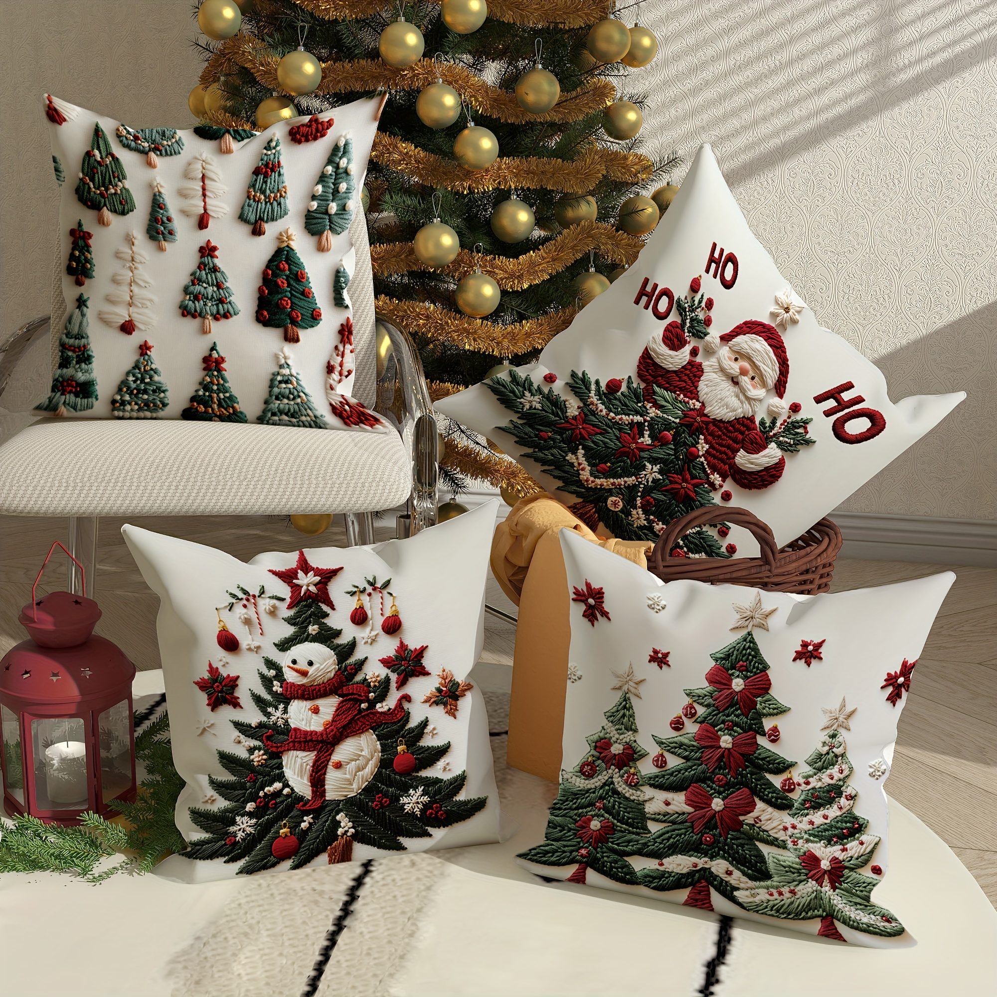 

4-pack Christmas Tree, Santa, Snowman Velvet Throw Pillow Covers, 18x18 Inches, Contemporary Style, Machine Washable, Zipper Closure, Polyester, For Living Room, Bedroom Sofa Bed Decor