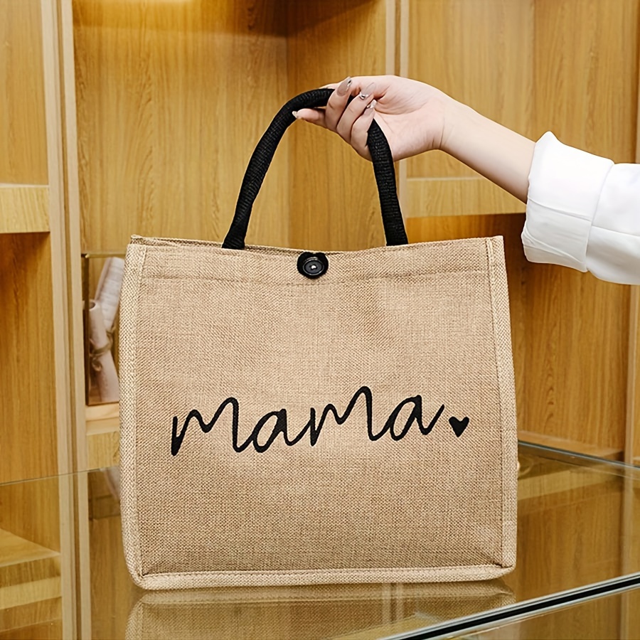 mama letters print tote bag fashion burlap shoulder bag portable travel picnic bag shopping bag gift for womens day details 4