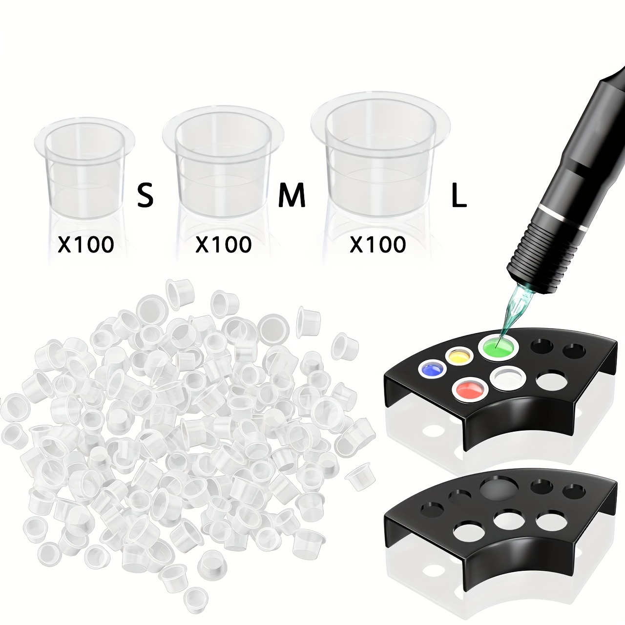 

300pc Silicone With Dual Cup Holders - Professional Spill-proof Tattooing Accessories, Reusable Set For Tattoo Artists & Permanent Makeup Procedures