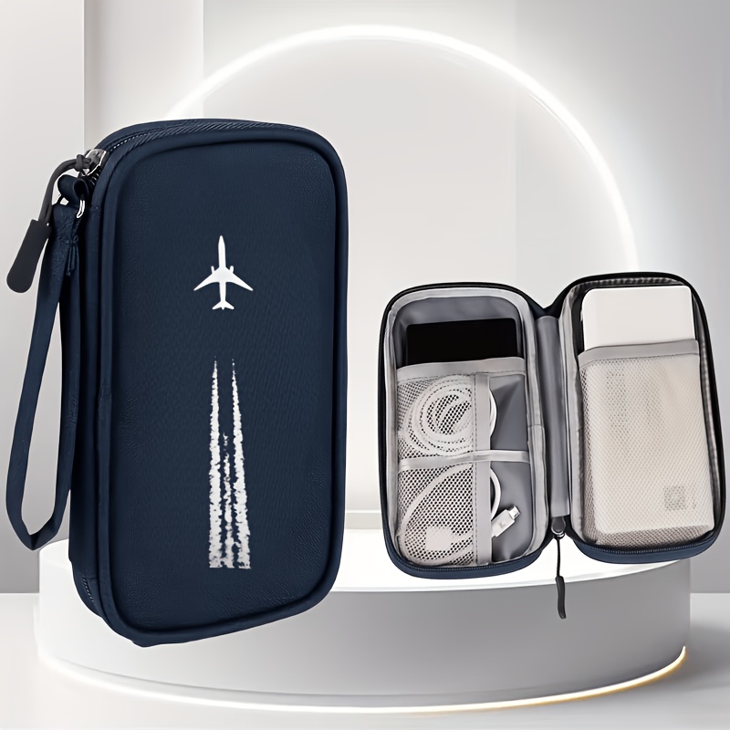 TEMU Portable Airplane Print Tech Storage Bag With Drop-proof Zipper Suitable For Electronic Gadgets, Hard Drives, Cables & Headphones - Travel