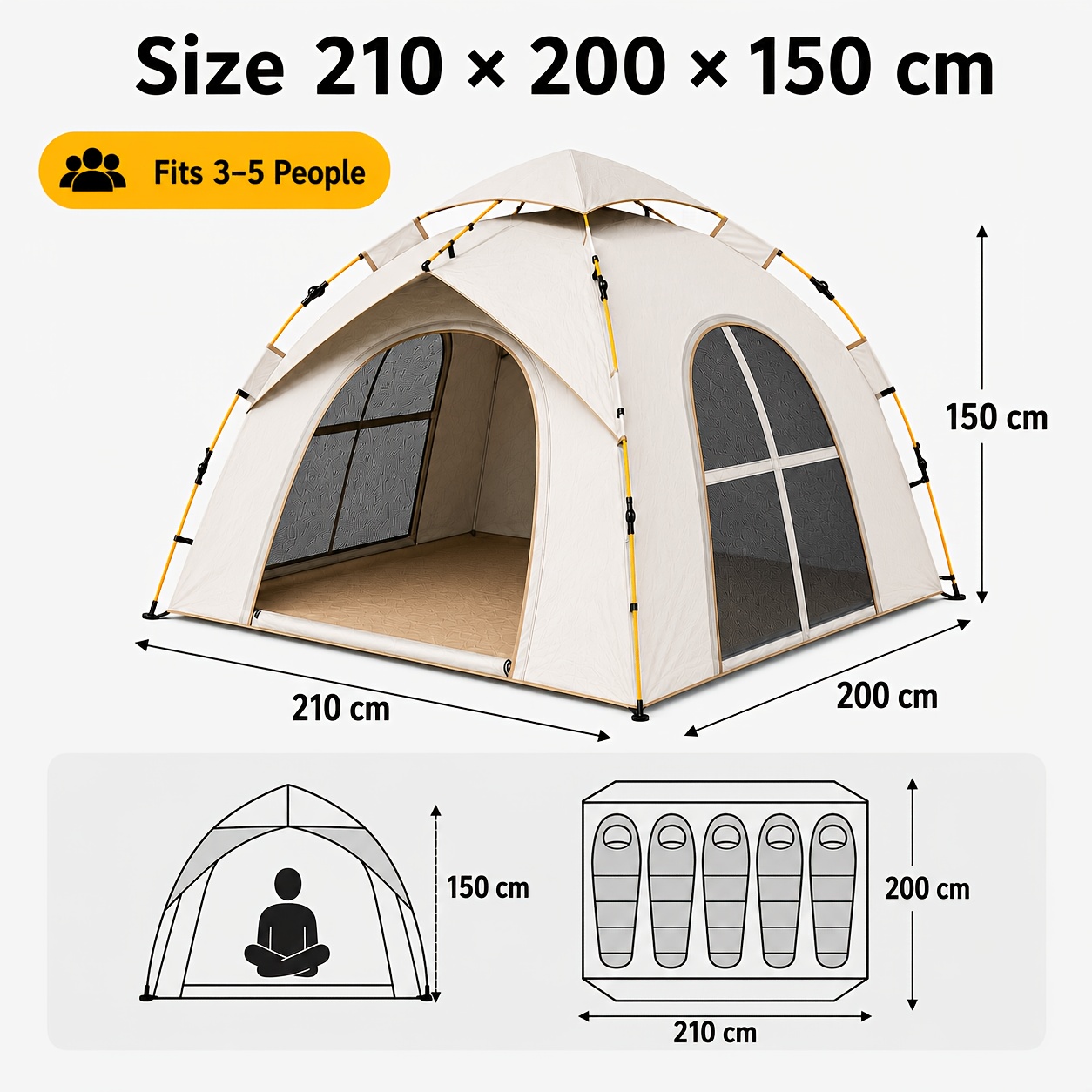 Image of Quick- Camping Tent, 2-3-person/3-5-person Options, With Storage Bag, Portable Family Tent, Suitable For Camping, Picnics, Festivals