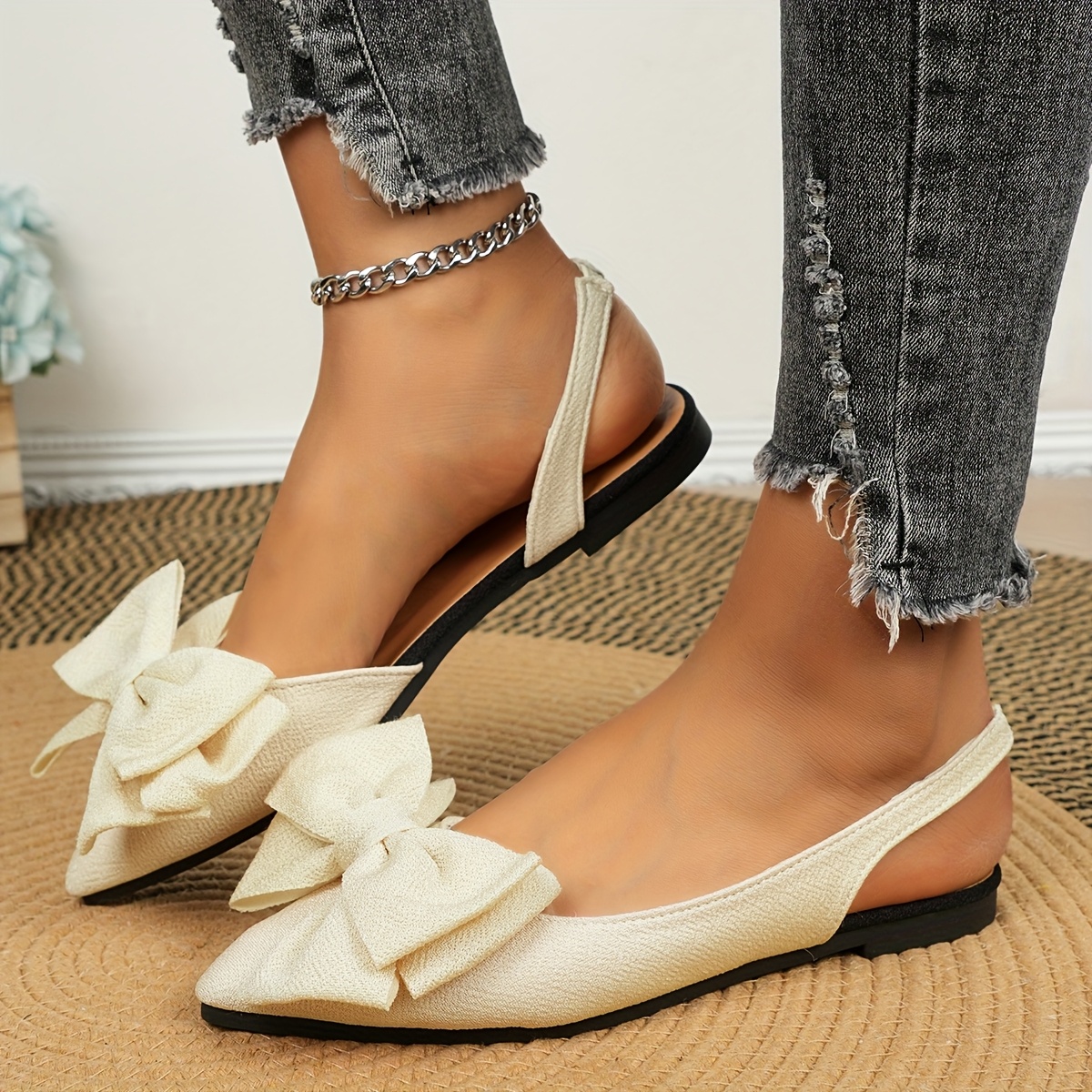 Women's Fashion Bow-Adorned Pointed Toe Slip-On Sandals with Adjustable Ankle Strap - Black Fabric Upper, Flat Comfortable Heel & Rubber Sole for Casual/Formal Occasions