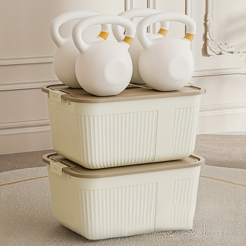 three lidded plastic storage boxes stackable organizing containers with snap seals and handles suitable for home storage for in closets kitchens bedrooms and living rooms in cream yellow measuring 38 5 28 5 18 5cm Product details 4