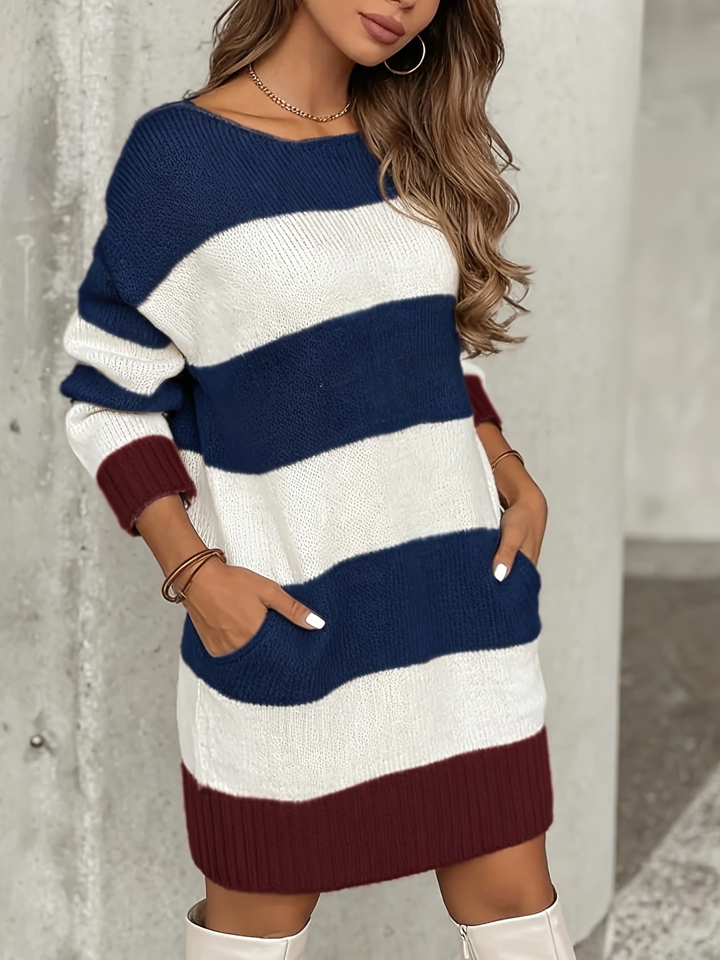 brown and white striped sweater dress Women's Taupe Striped Dress With Brown Sweater Cardigan Large