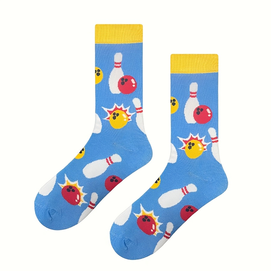 TEMU 1 Paire de Chaussettes Tube sur le Thème du Bowling pour Hommes et Femmes, avec Bordure Jaune, Impression Intégrale de Ballons de Bowling et de