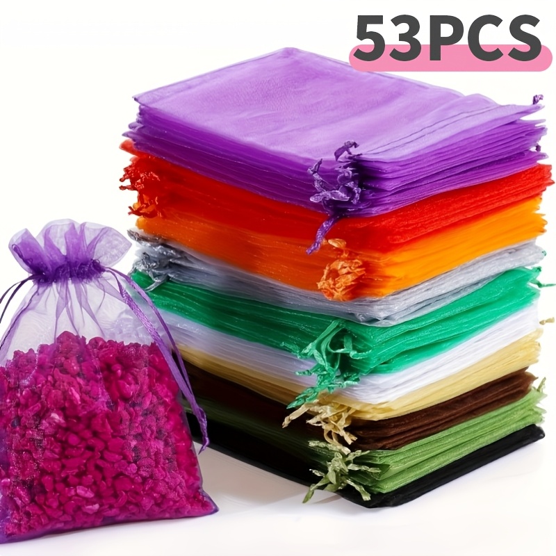TEMU Gift For Her/him 53pcs/set Random Color Organza Drawstring Gift Pouches, Light Transparent Smooth Fine Mesh Reusable Storage Bags, Adjustable