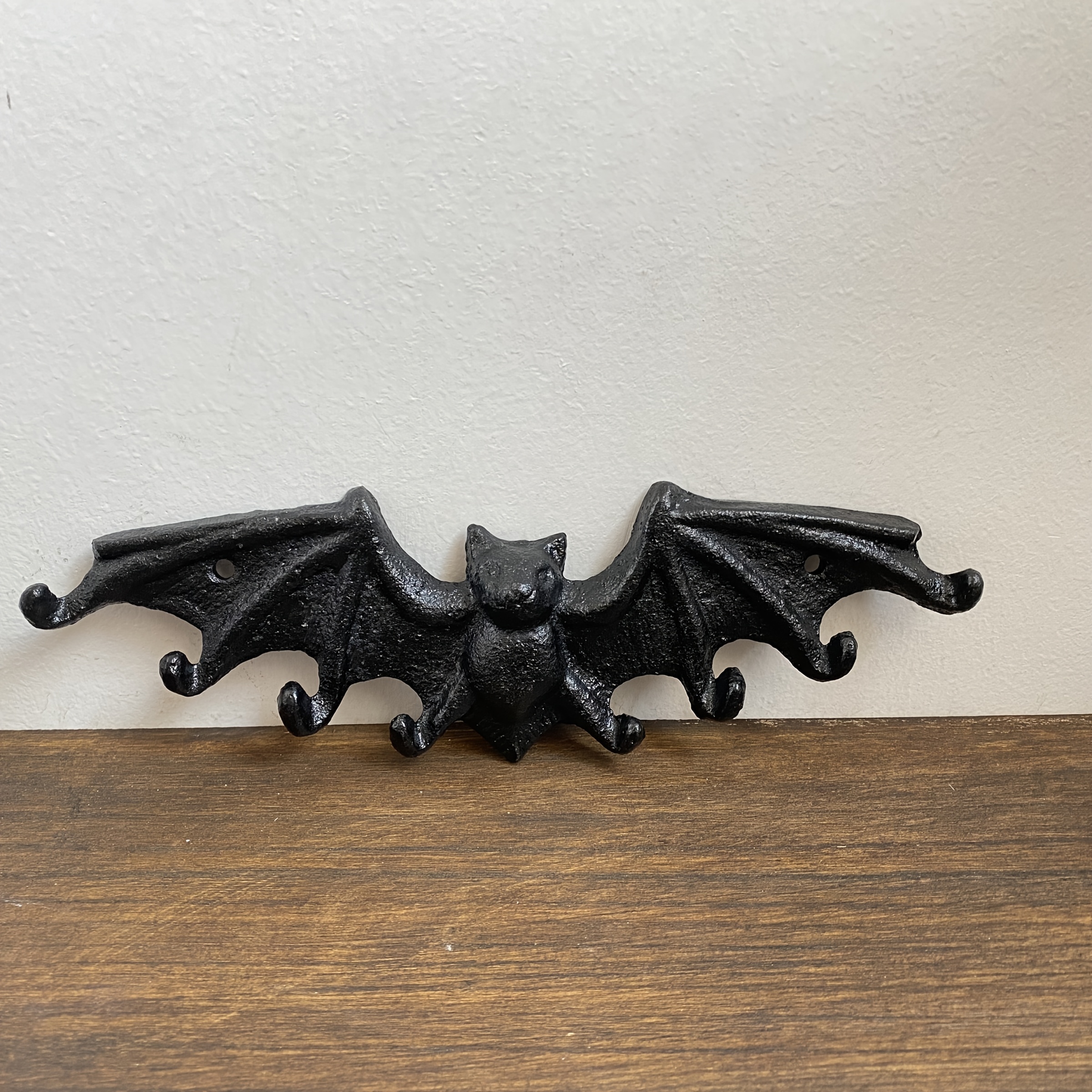 Image of Vintage Cast Iron Key Holder - 8 Hooks, Dark Brown, Wall Mount, Halloween Theme, For Entryway, Living Room, Or Porch Decor, Bat Decor