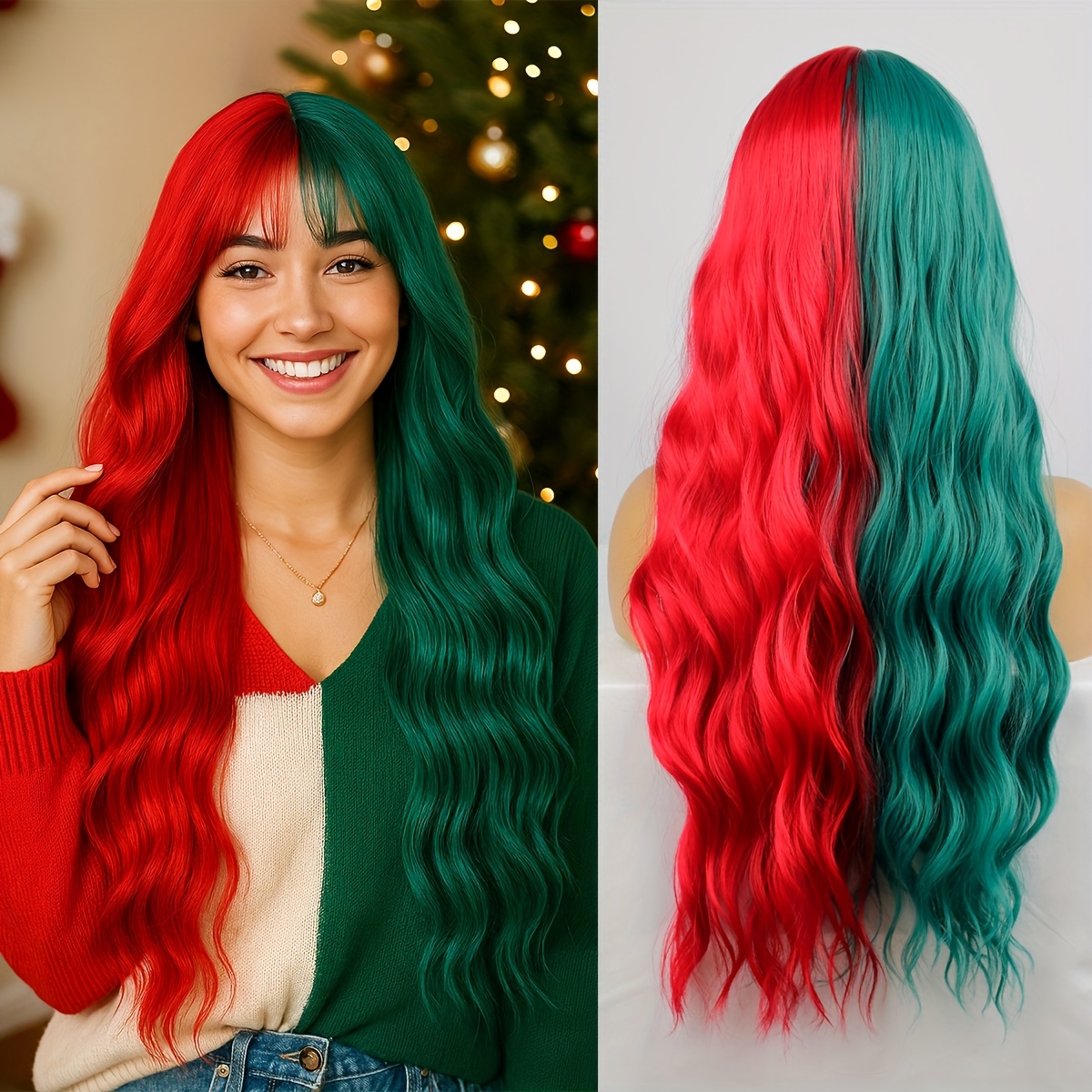 TEMU Perruque longue et bouclée à d'eau de 66,04 cm avec frange pour femme, fibre résistante à la chaleur, parfaite pour les fêtes de Noël, adaptée