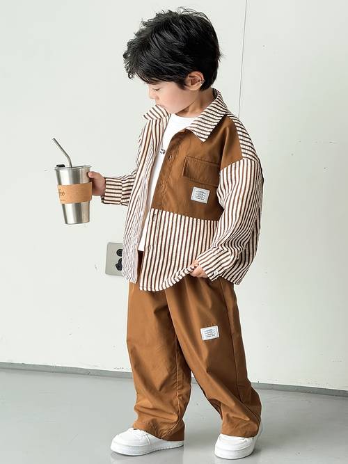 boys 2pcs set comfortable and casual loose striped long sleeve shirt and pants outfit suitable for daily wear sports school vacations photo shoots back to and occasions boys