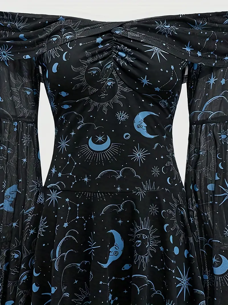 sun and moon off the shoulder dress Black Star Moon Sun Face Off-Shoulder Bell Sleeve Mini Dress