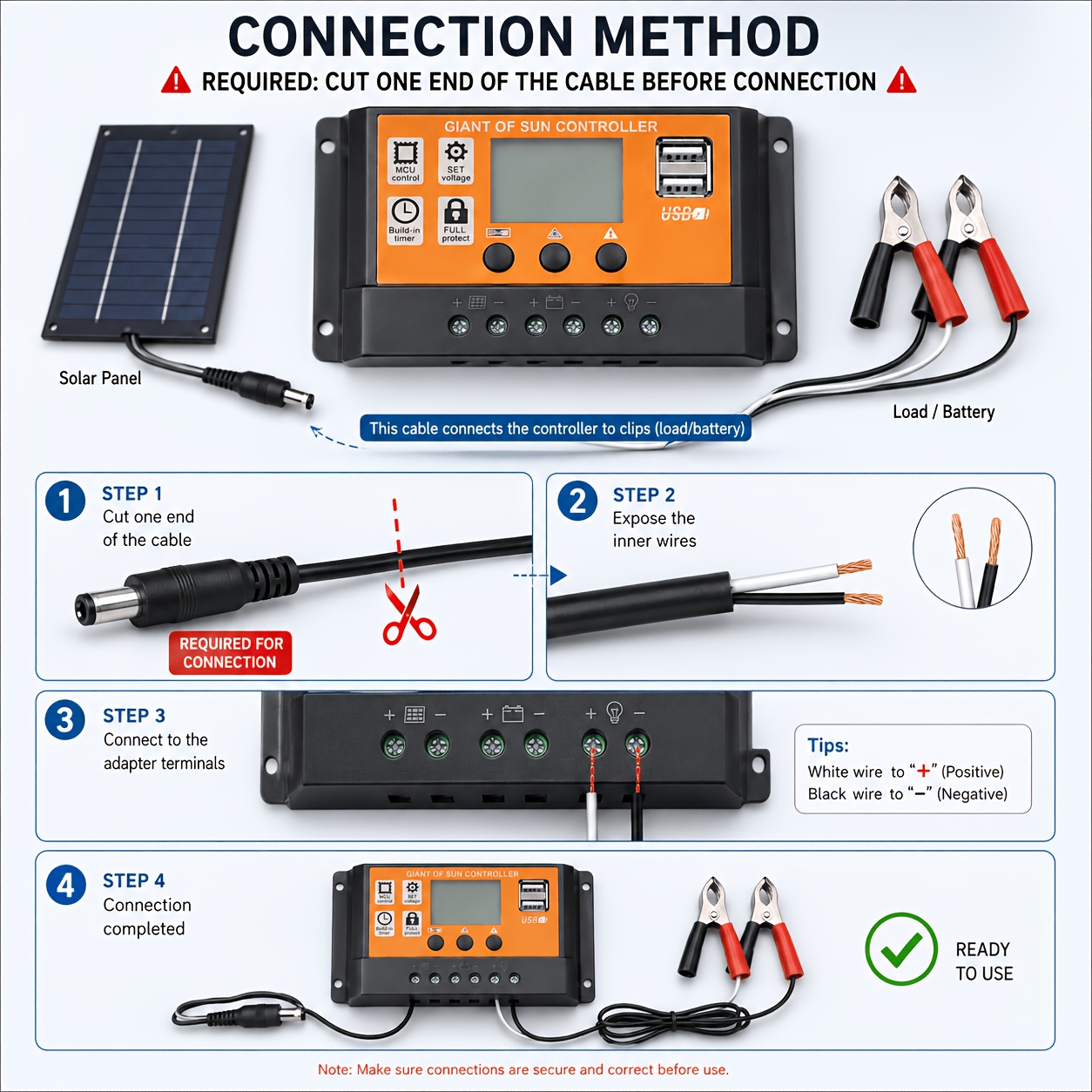 Kit de Panel Solar, con Controlador de Carga Solar y Cable de Extensión | Viene con Clip para Batería | Adaptador para Barco/Motocicleta/RV/Luces de Exterior/Cámara/Generador Solar | Fuente de Alimentación Unificada para Escenarios Off-Grid