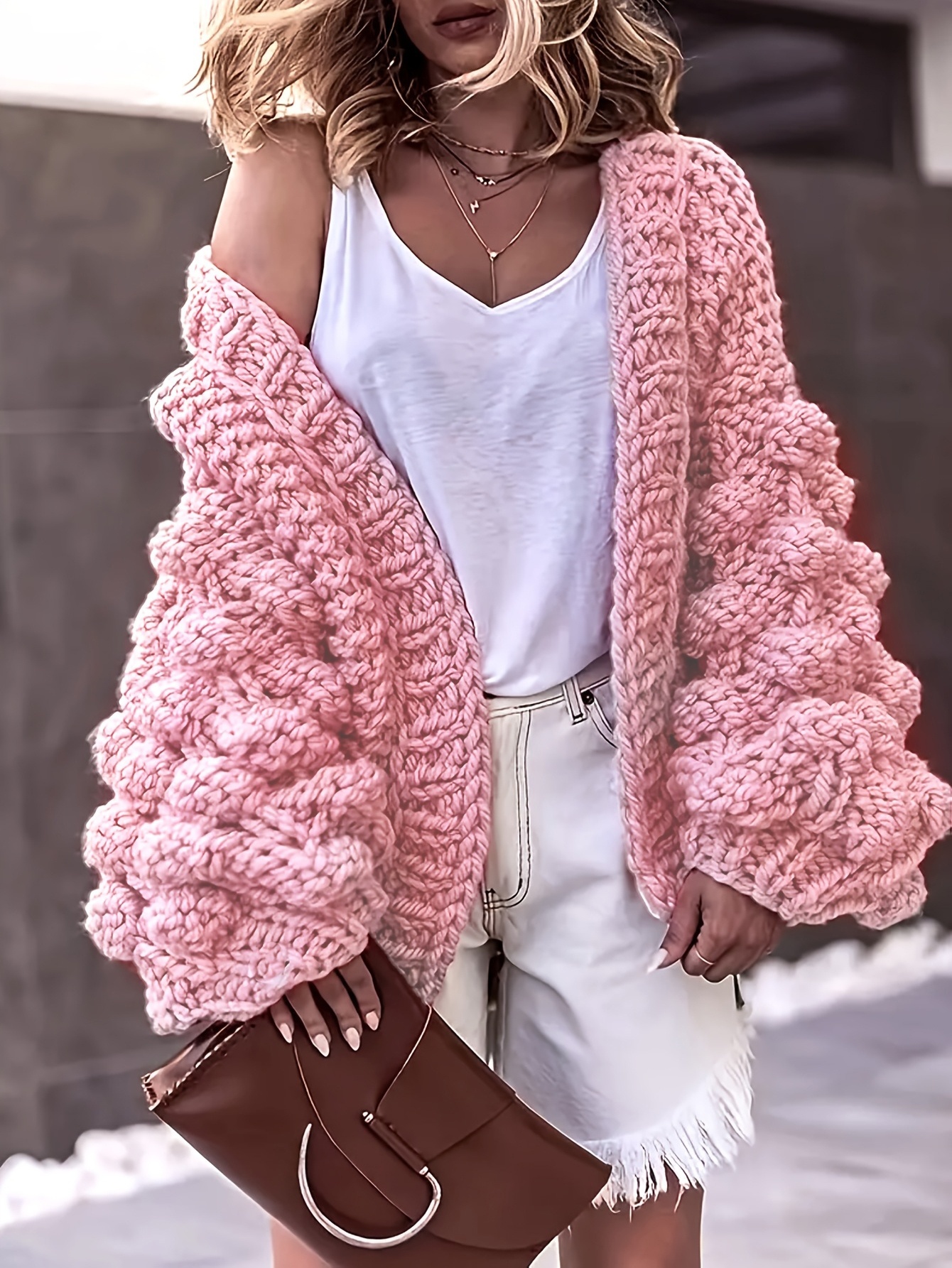 Crochet Womens Pom Pom Cardigan Women's Vintage-Inspired Pink