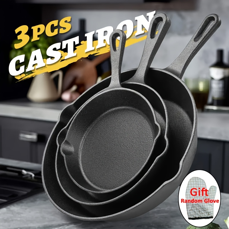 Image of 3/4pcss Cast Iron Frying Pans Oven Versatile Cast Set For Steak & Eggs - Perfect For Gas Cooking, Durable Kitchen Essential, Ideal For Outdoor Camping & Home Use (3/4pcss Cooking Set) Black