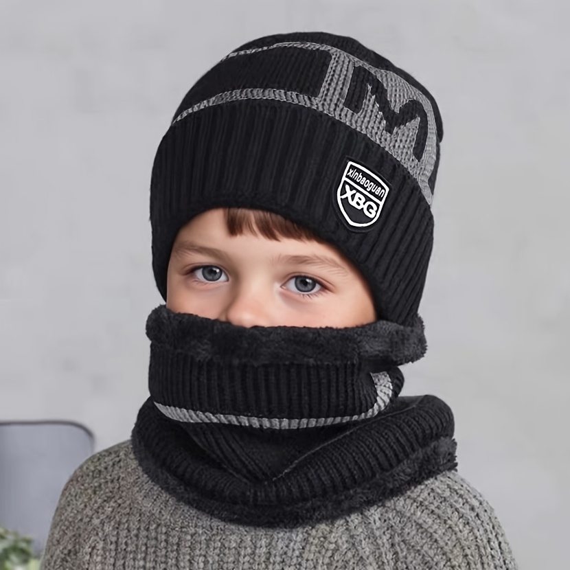 Image of 2pcs Set Hats Autumn Winter Thickened With Neck Gaiter 2pcs Set Unisex Warm Hat Fashion Letter Ear-warming Hat Suitable For Daily Outdoor Sports Holiday Parties Snow Suitable For Children Aged 6
