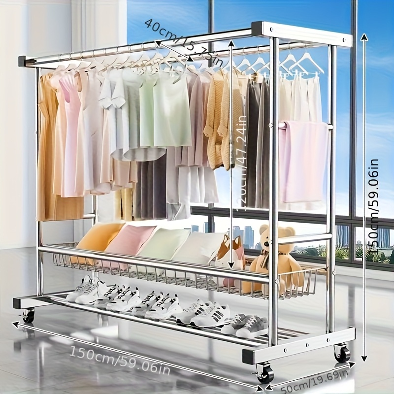 TEMU Heavy Duty Stainless Steel Laundry Drying Rack With Casters - Space-saving Rolling Clothesline Rod, Durable Indoor/outdoor Laundry Rack For