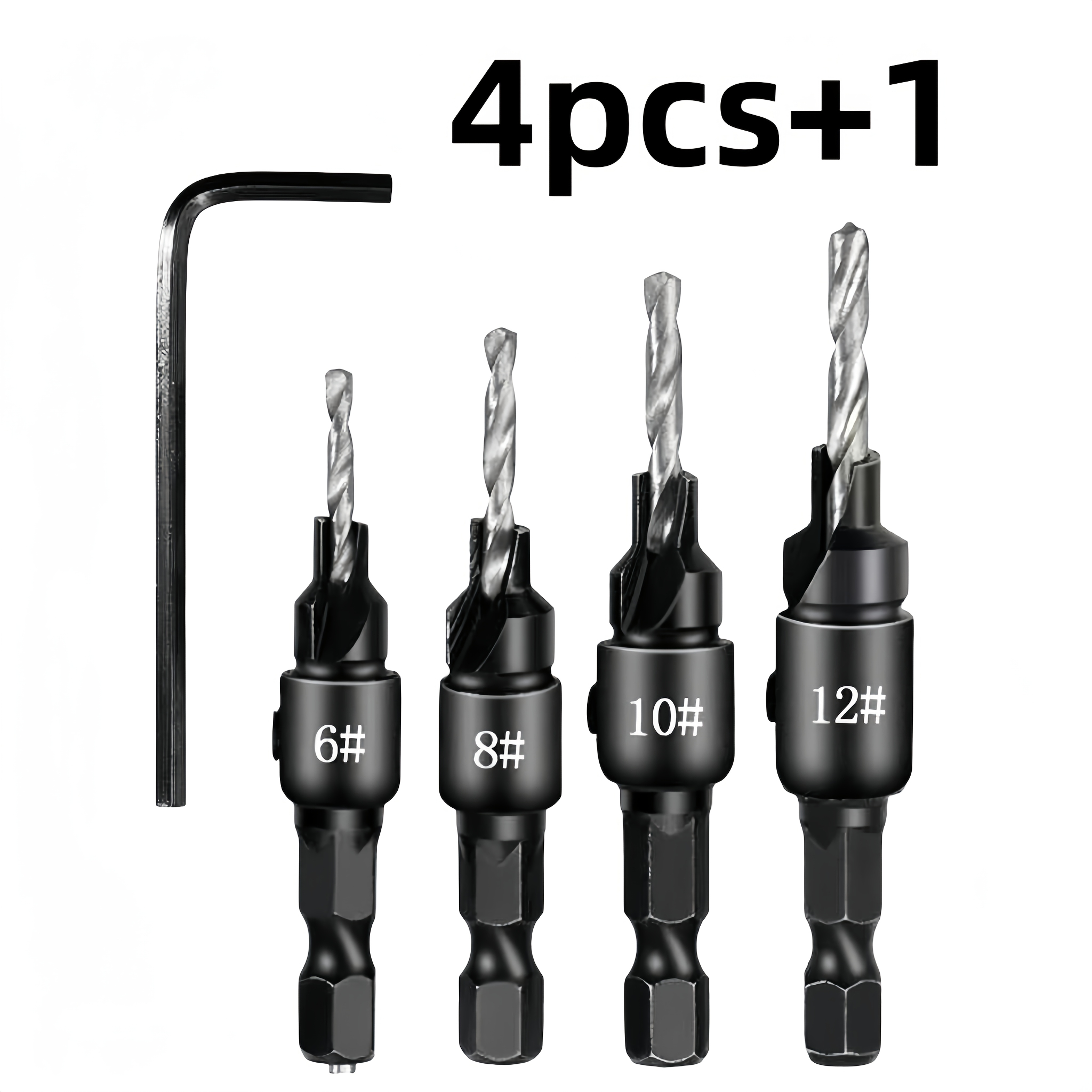 TEMU 5pcs Wood Countersink Drill Bit Set With 1pc L-shape Wrench, Hex Shank Countersink Bits, Sizes #6, #8, #10, #12, Woodworking Drilling Tool For