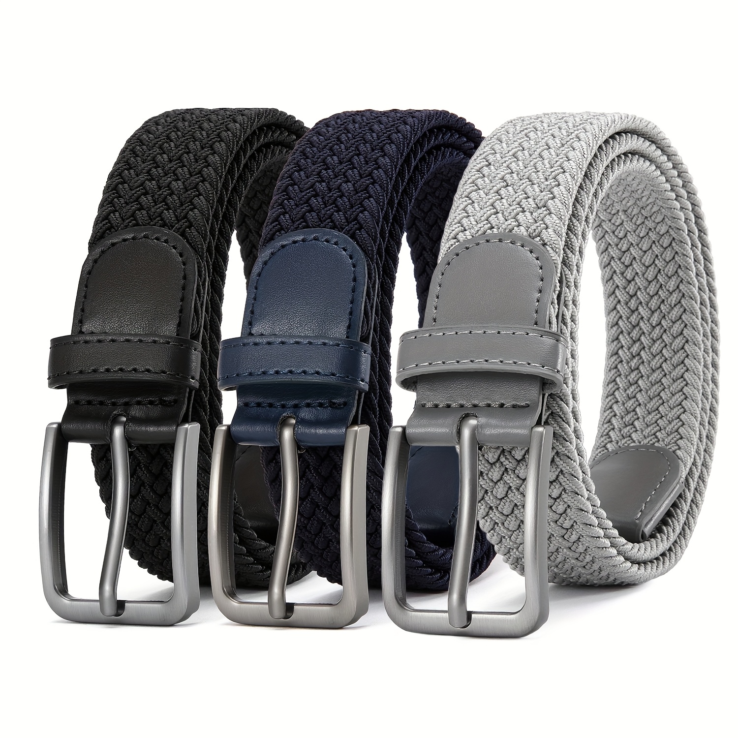 Men's 3pcs Braided Stretch Belts with Elastic Woven Design