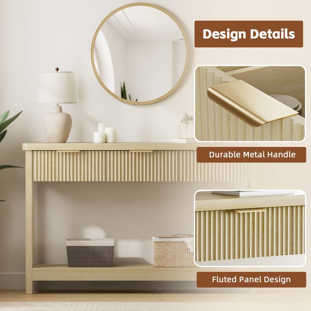 51 IN Fluted Console Table with 3 Drawers, Modern Entryway Table with Metal Handles, Sturdy Solid Wood Design, Hallway Table with Storage, for Living Room And Hallway