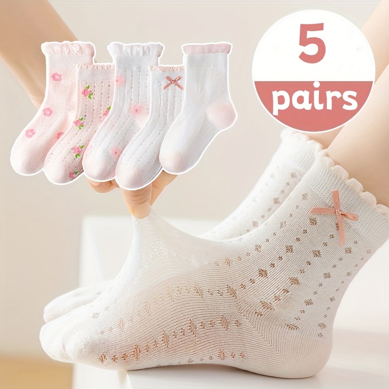 

5 Pairs Girls Pink Bow Design Mid Tube Socks, Flower Print Socks For All Season Wearing