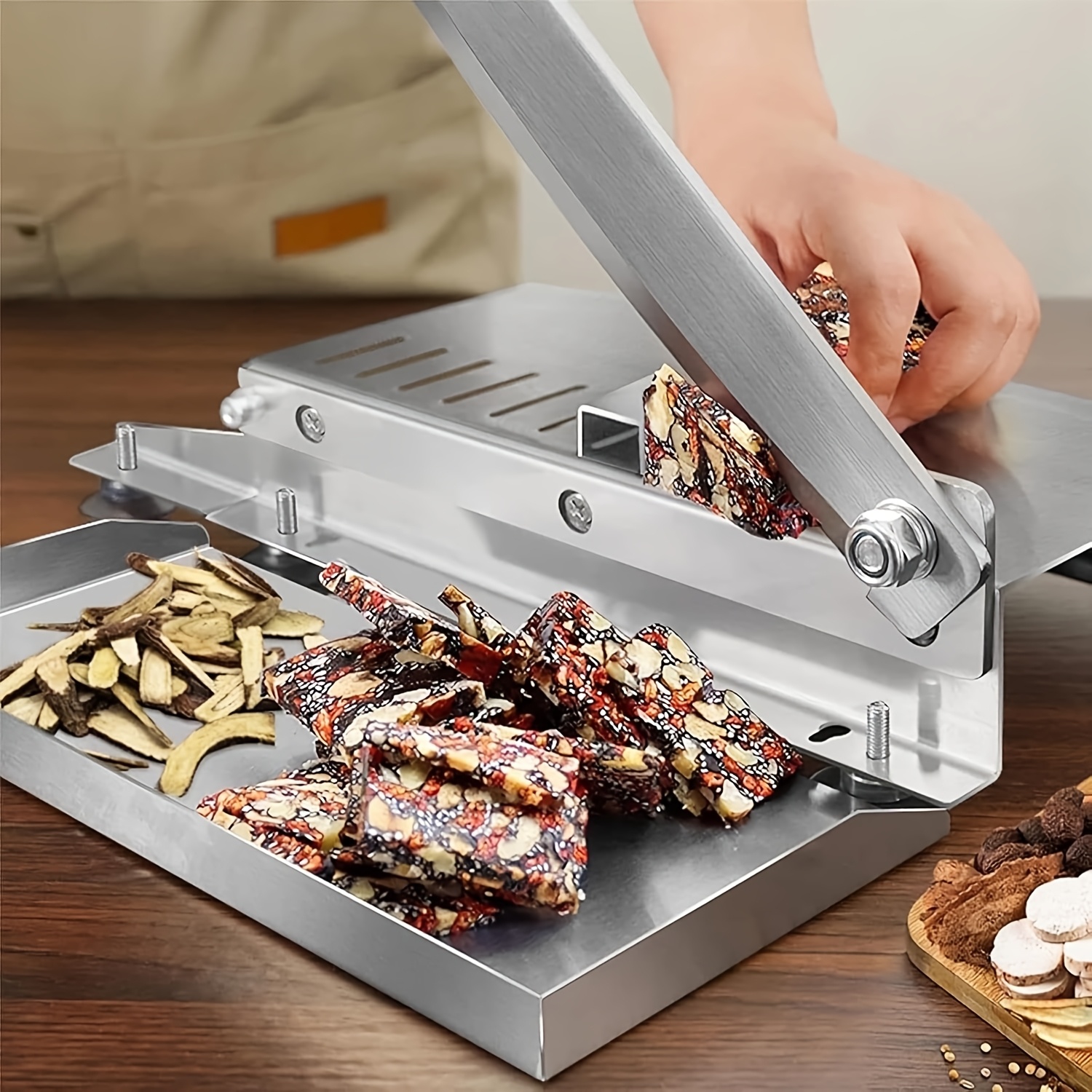 stainless steel manual meat cutter bone slicer with food tray non slip base can   cut beef ribs chicken fish and vegetables ideal for home kitchens and delicatessens   Product details 4