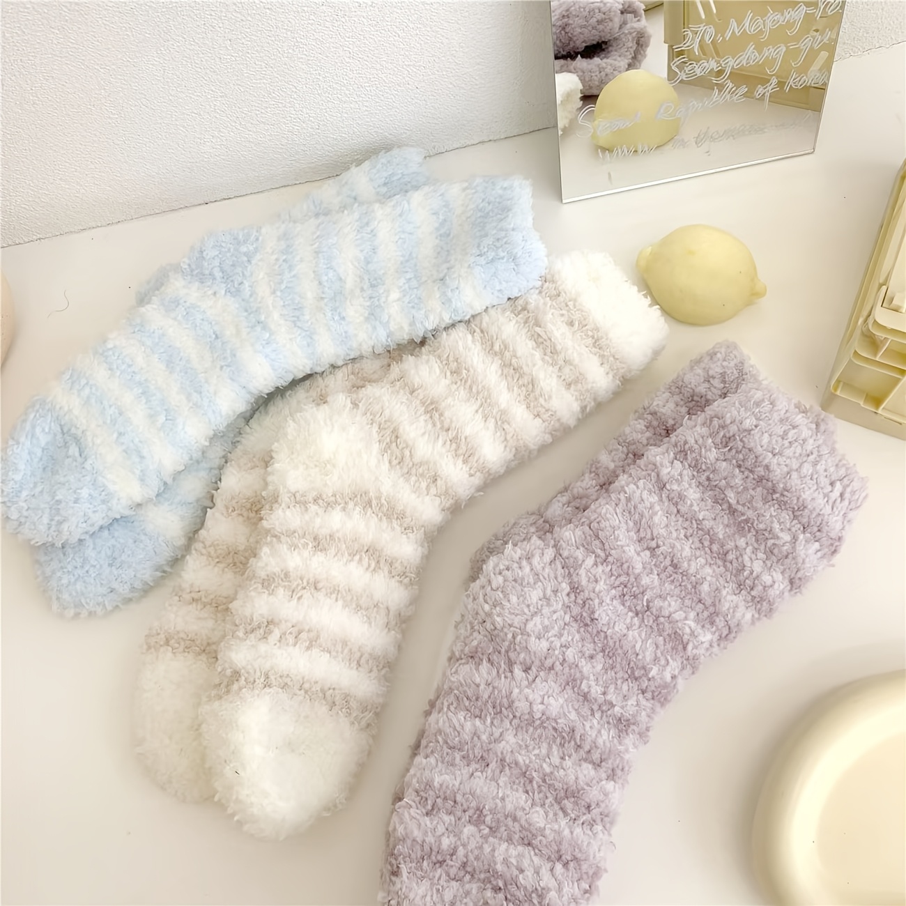 

Women's Striped Knee-length Fuzzy Socks - 3 Pairs, Polyester And Elastane , Machine Washable, Cozy Thermal Knit Fabric For Winter , Plush Sleep & Loungewear Socks