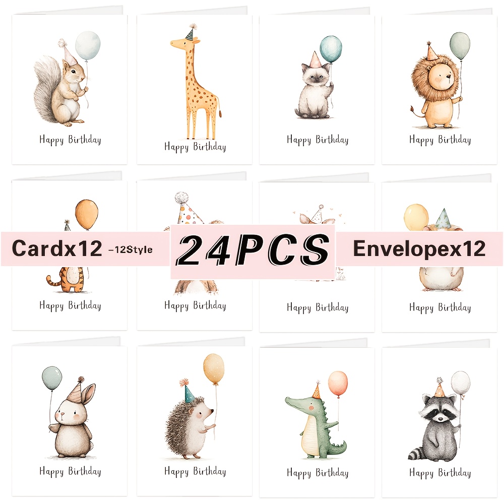 Image of Set Of 24 Greeting Cards With Envelopes Measuring 3.9 By 5.6 Inches, Featuring 12 Different Designs, Perfect For , Suitable For Birthdays And Well-wishes, Ideal For Crafting And Card Making - Animal