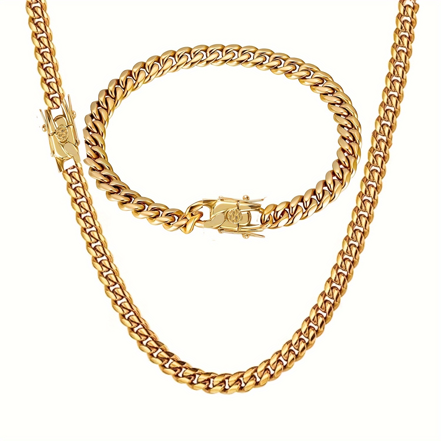 

Miami Cuban Link Chain Set For Men 18k Gold Plated Stainless Steel 6mm Womens Lock Bracelet Necklace Chains