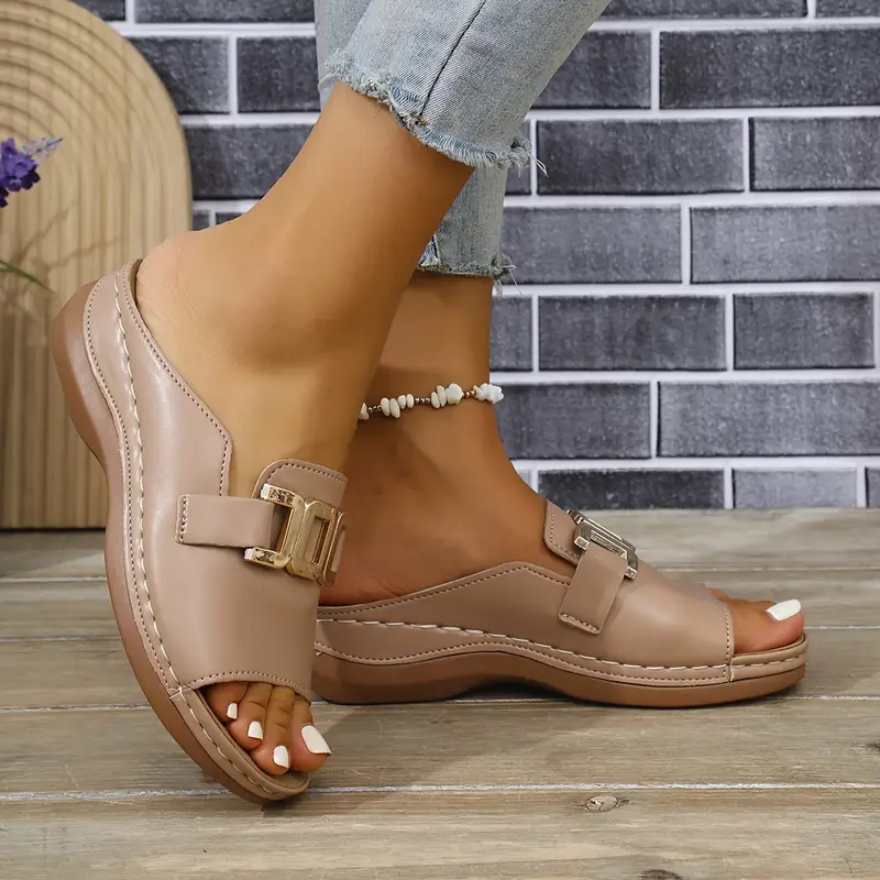 stylish womens black platform sandals with golden accent comfortable slip on open toe design pu cover sole for casual attire ladies sandals details 8
