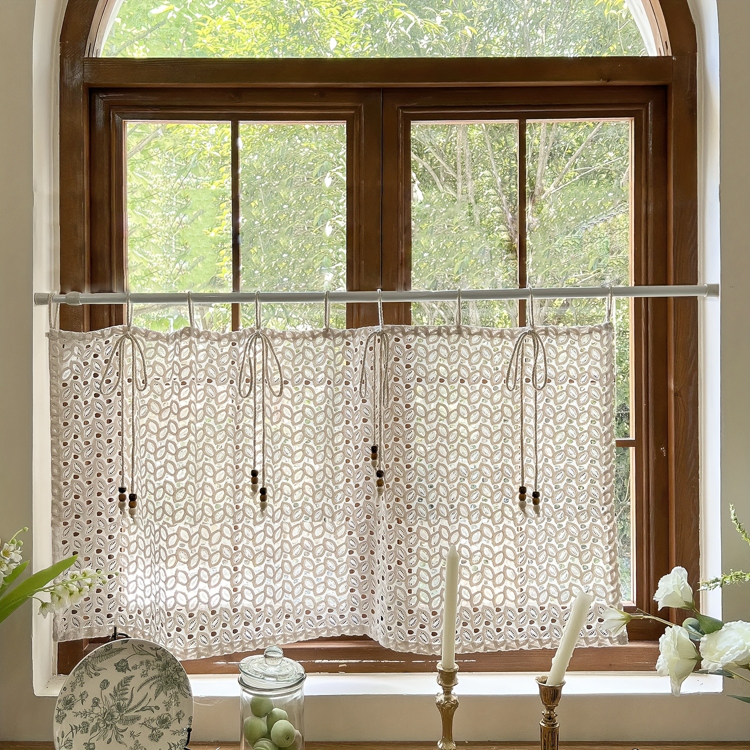 Tab Top Retro Hollow Leaves Lace Short Curtain For Kitchen, Cafe, Cupboard, Bathroom 1 Panel Home Decoration
