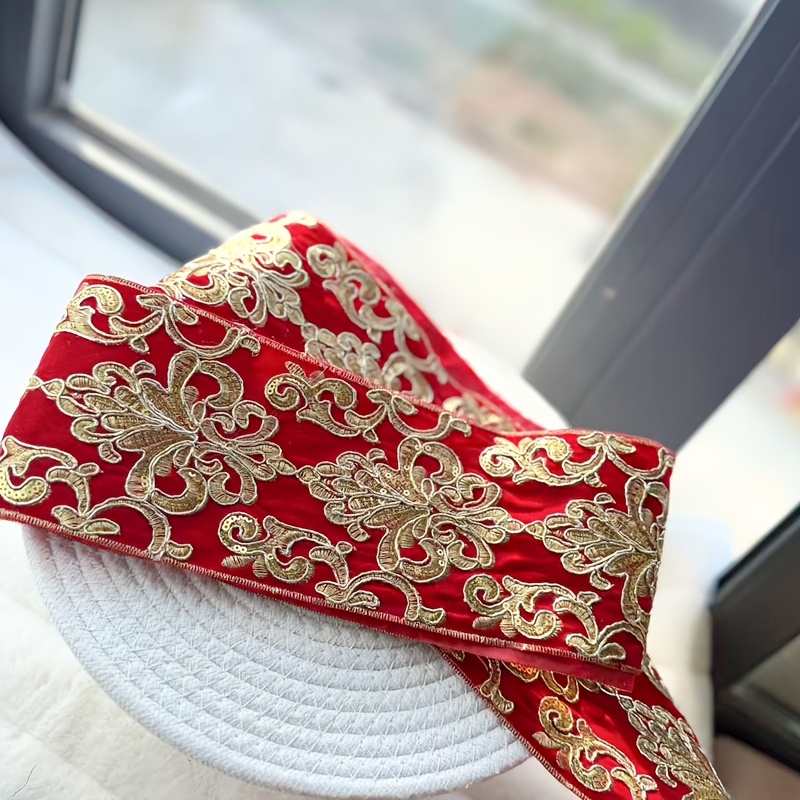 1 Pack Red and Golden Embroidered Lace with Velvet Backing
