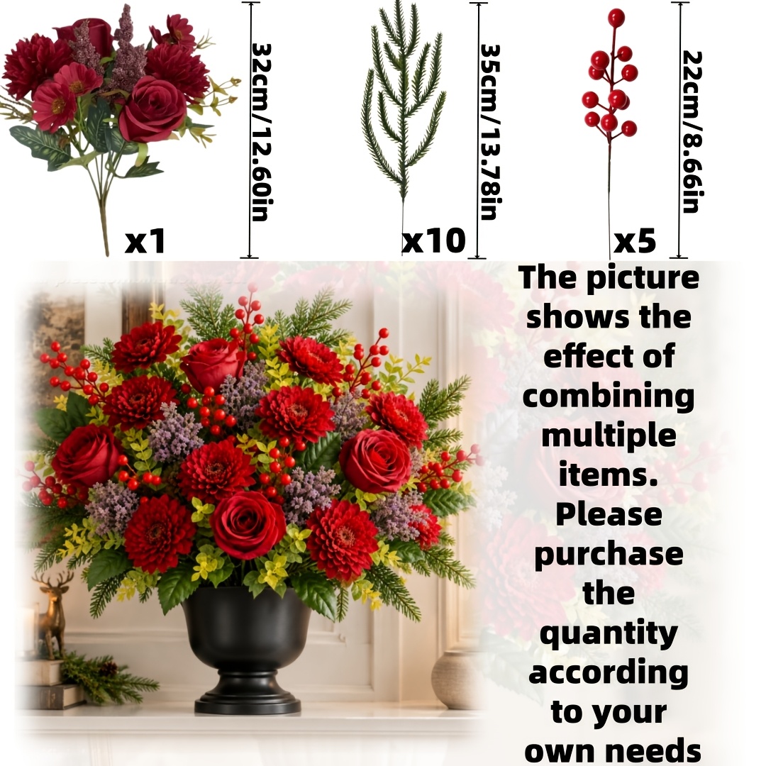 TEMU Beautiful Artificial Simulation Flowers, 16pcs Combination Of Burgundy Mixed Roses With Pine Branches And Red Berries, Suitable For Indoor And