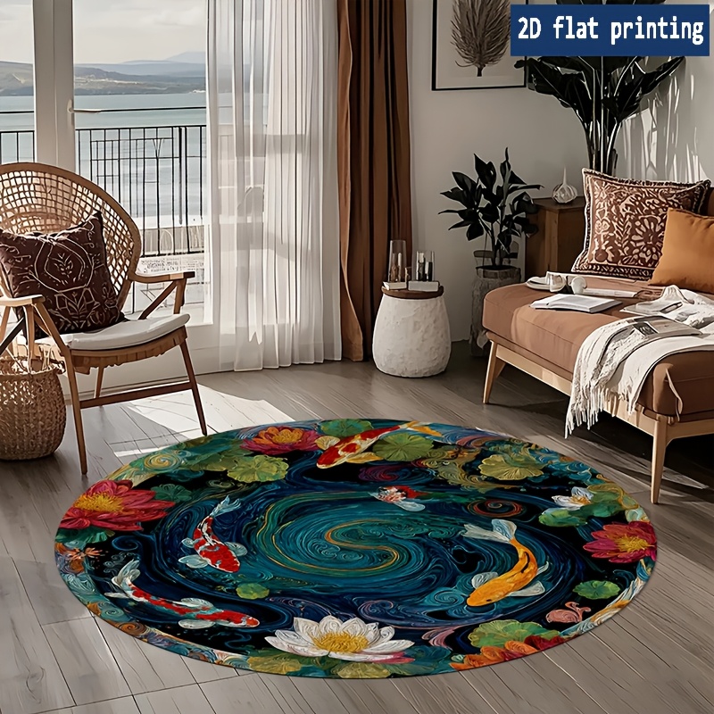 TEMU 1pc, A Round Flannel Carpet Featuring A Design With Fish And Blooming Lotus Flowers, Ideal For Spring And Summer. Soft, Anti-slip, And Suitable