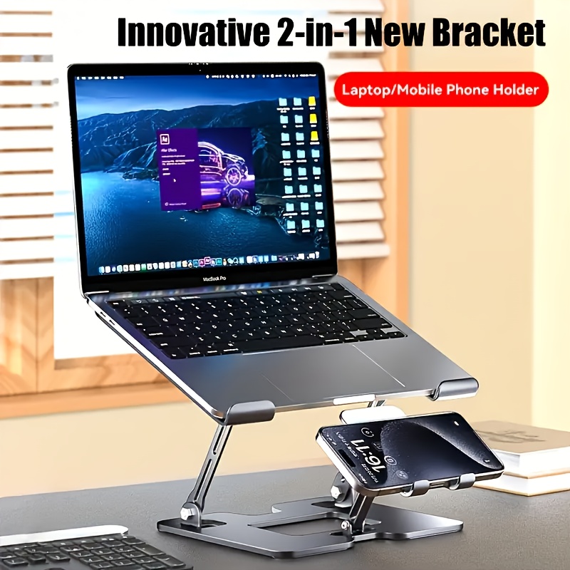 TEMU 2-in-1 Laptop Phone Stand | Adjustable Carbon Steel, Folding Design With Heat Dissipation Base, Portable And Anti-sagging, Ideal For Office And