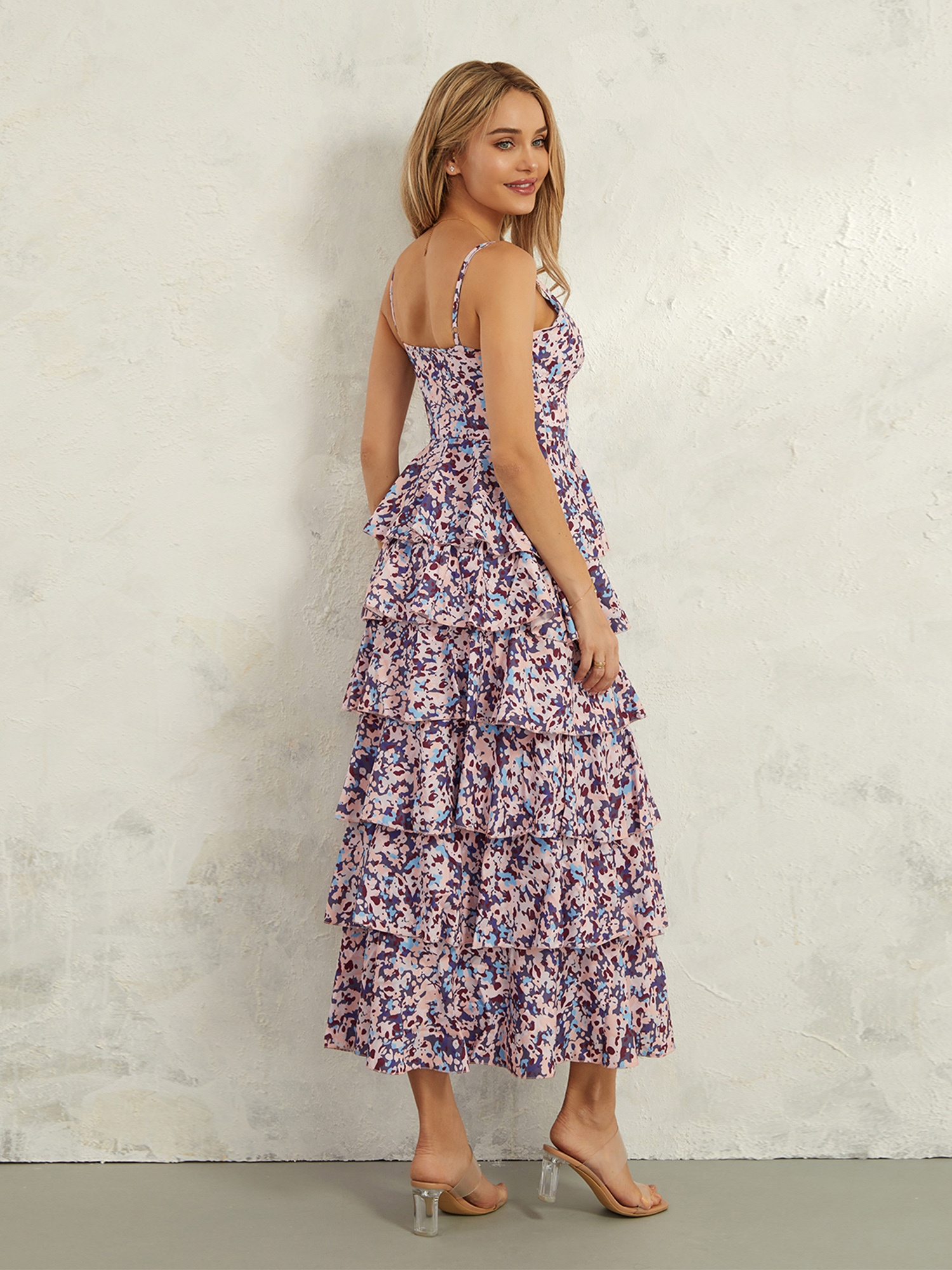 floral beach wedding guest dress Zapaka Women Blue Halter Floral Bridesmaid Dress Tiered A-Line Wedding  Guest Dress  ZAPAKA