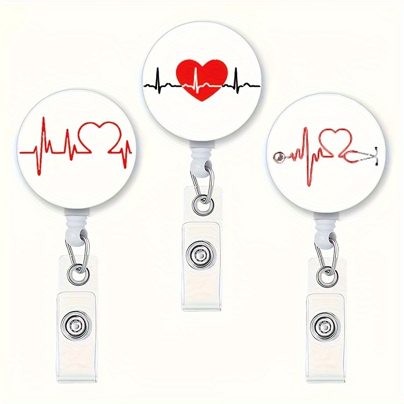 

3pcs Heart Ecg Design Retractable Badge Reel With Id Clip - Abs Material, Suitable For Nurses, Doctors, Teachers And Cute Design