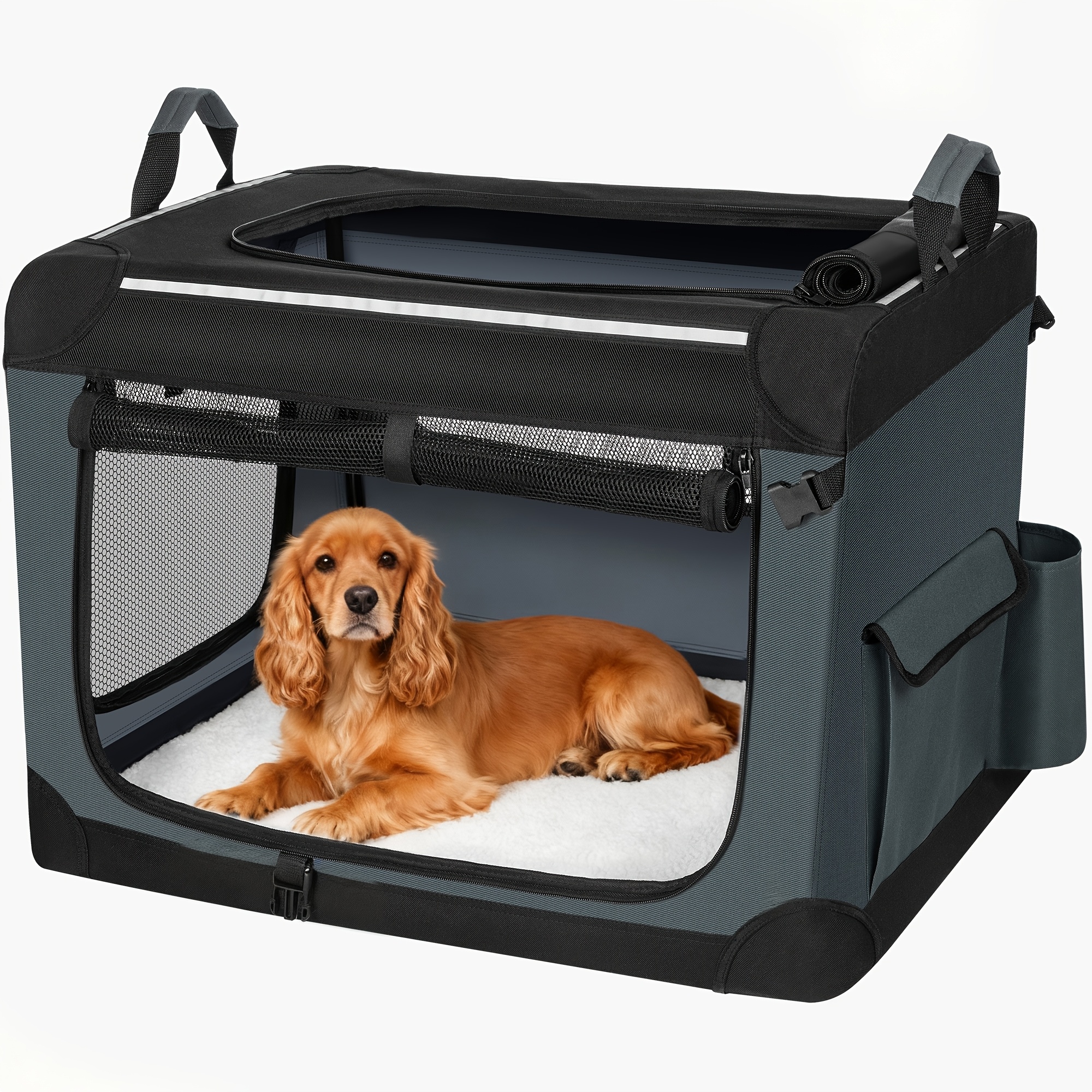 TEMU Tragbarer Hunde-Reisekäfig mit drei Türen, faltbares Design, reflektierende Streifen, Aufbewahrungstasche und atmungsaktives Netz in Grau