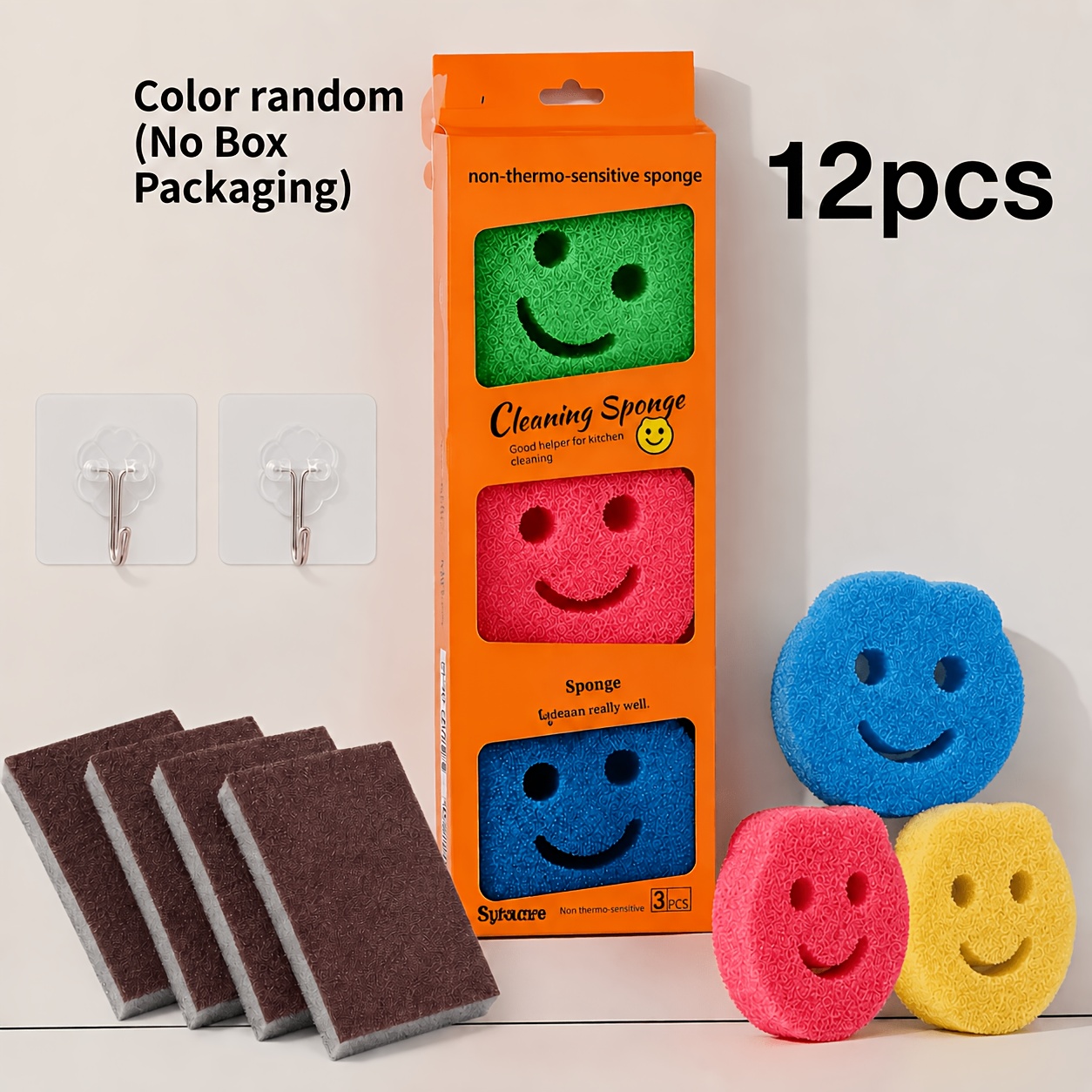 TEMU 12pcs Random Cleaning Sponges, Scratch-free Cleaning Sponges, With Heavy-duty Scrubbing Pads And Pot Wall-mount Hooks, Suitable For Home