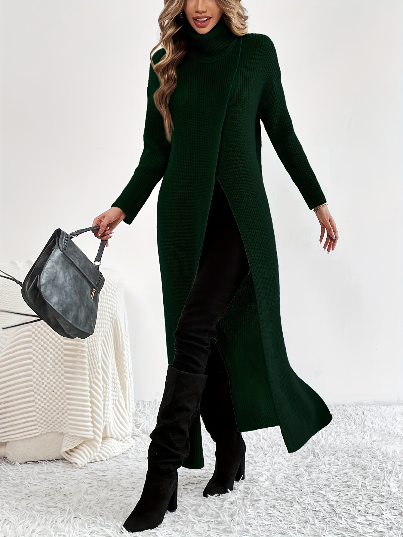 Women Winter Long Dresses Quilted Padded Long Sleeve High Neck Splice Loose