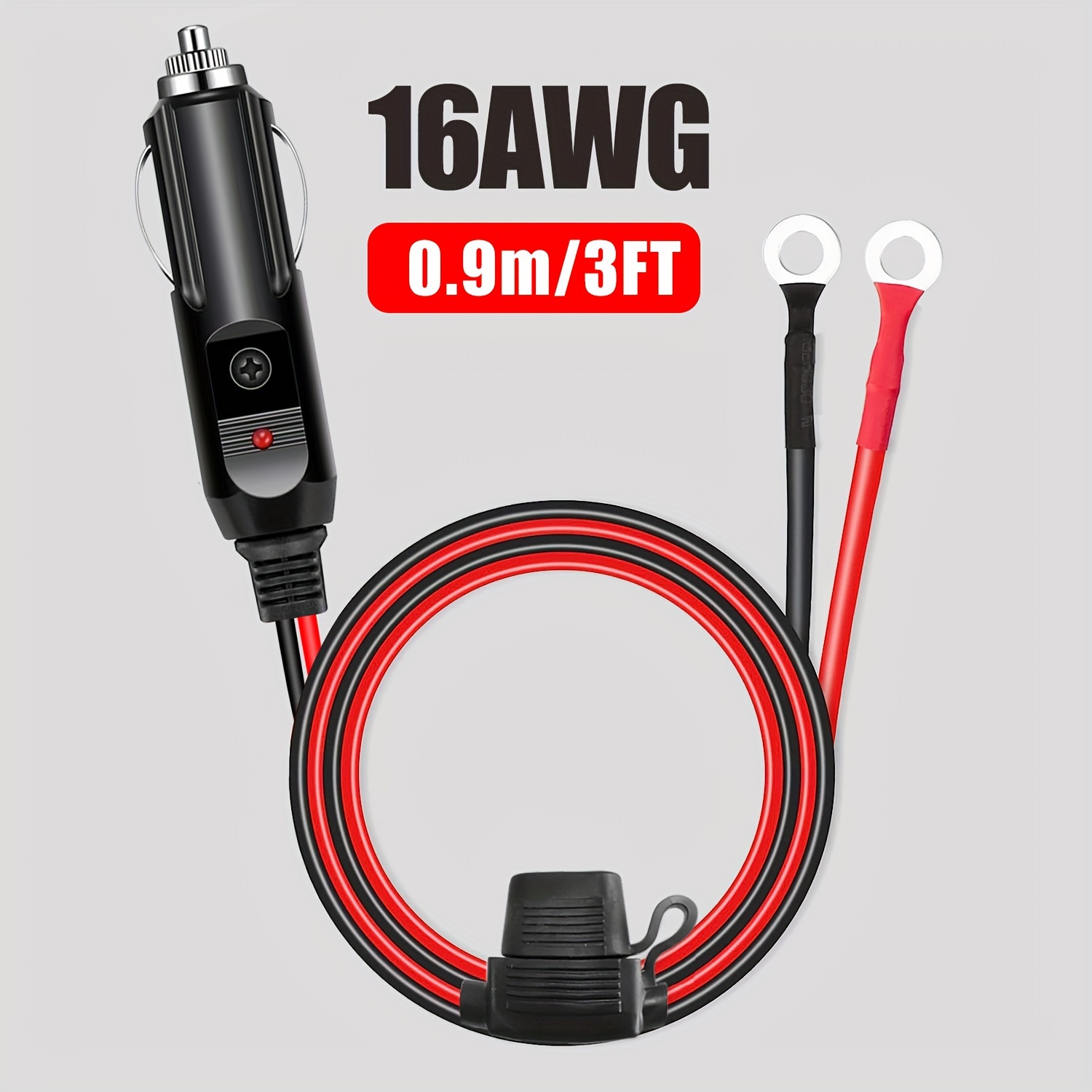 Image of 1pc 16awg With 10a Fuse Car Plug Male Plug Extension Cable To O Ring Terminal Connector, Heavy Duty Power Supply Cord With Led Lights 3ft (3ft)