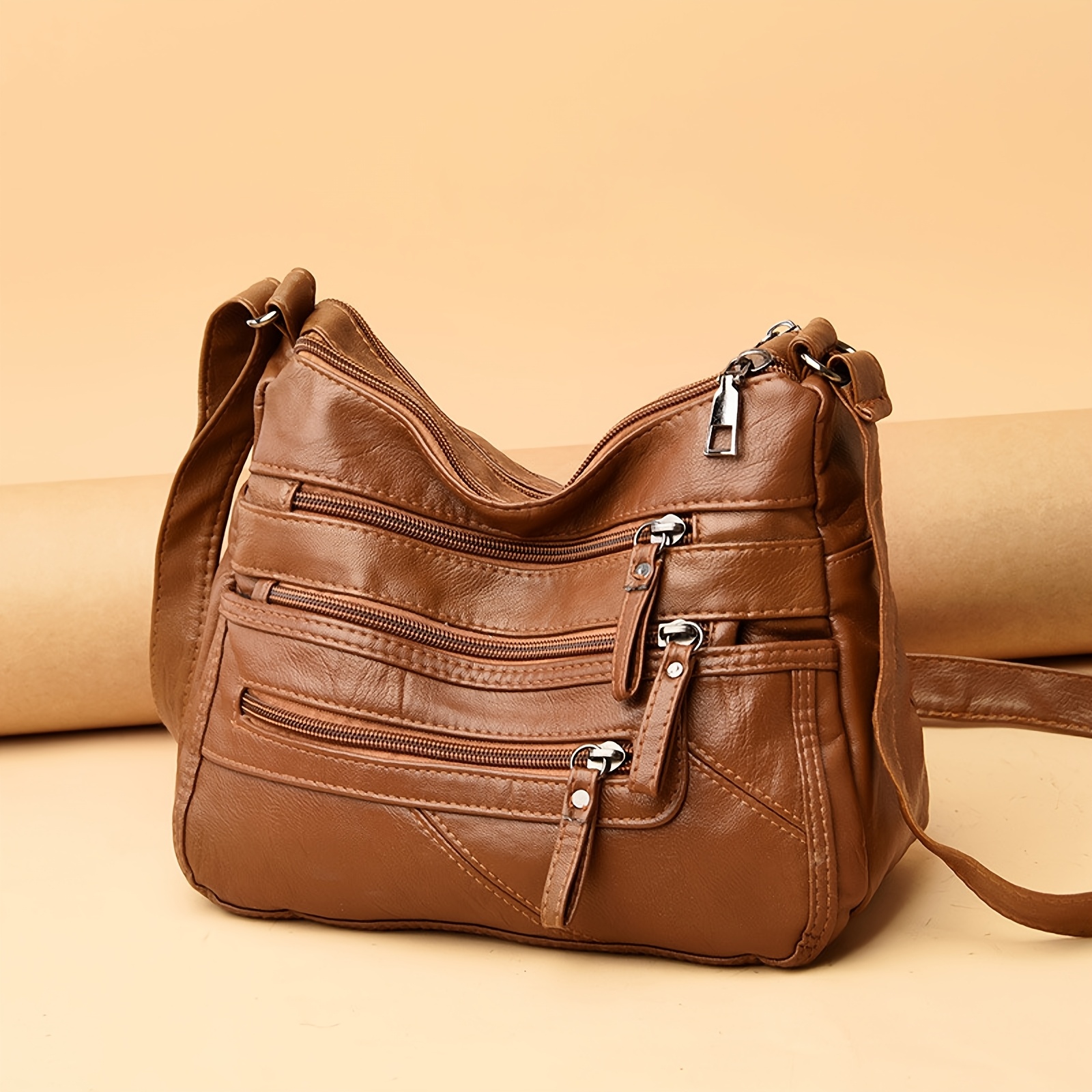 Women's Soft Leather Crossbody Bag - Multi-Zipper