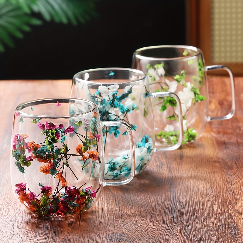 2pcs double walled glass mugs 13  cold resistant stylish   with white flowers green leaves   coffee tea milk juice ideal for home office outdoor use great gift for   office glass mug modern transparent mug heatresistant glass coffee bar accessories 4