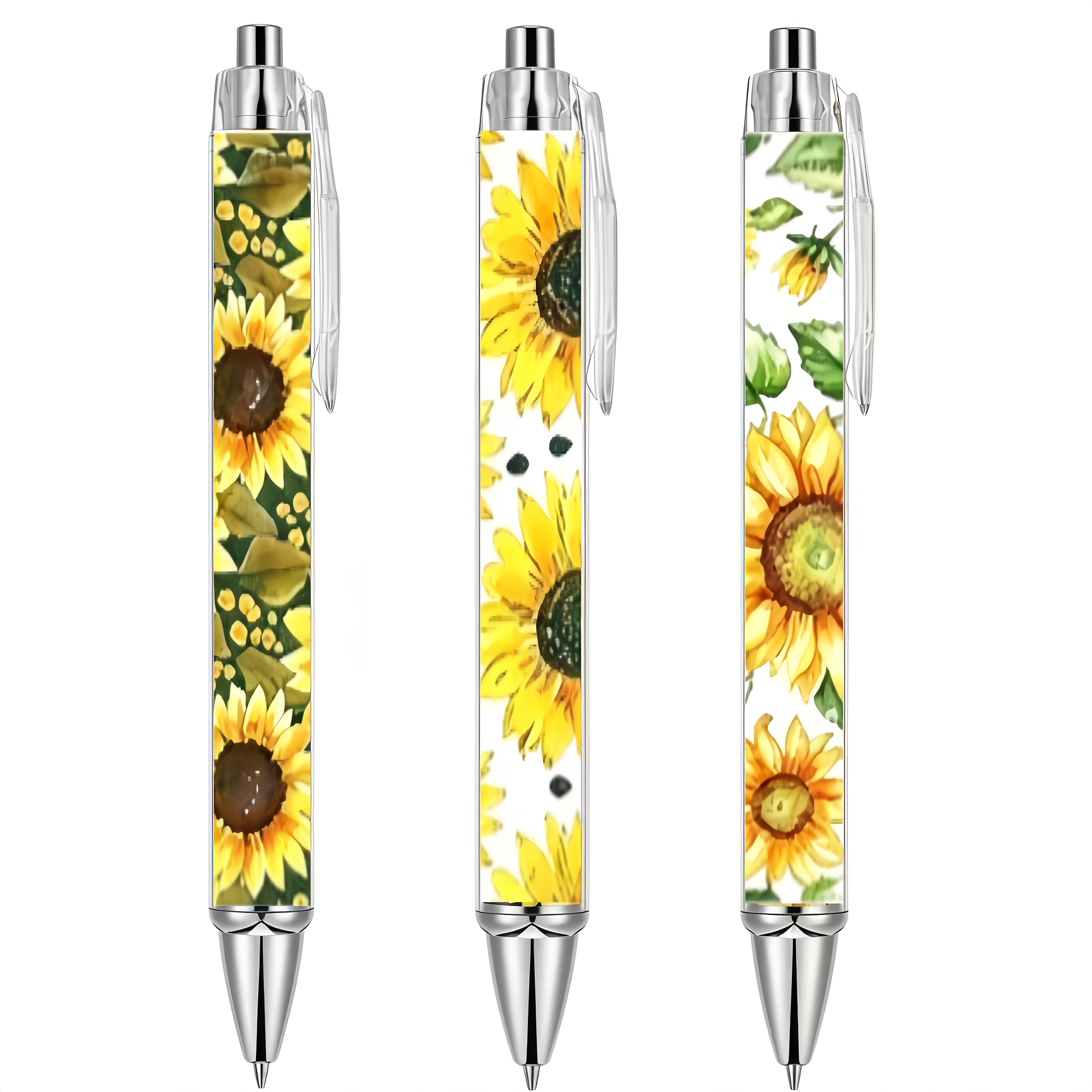 TEMU 3-pack Vintage Watercolor Sunflower Floral Pen Set, High-end Pastoral Style Printed , Floral Print For Artistic Journaling, Student Exam Signing