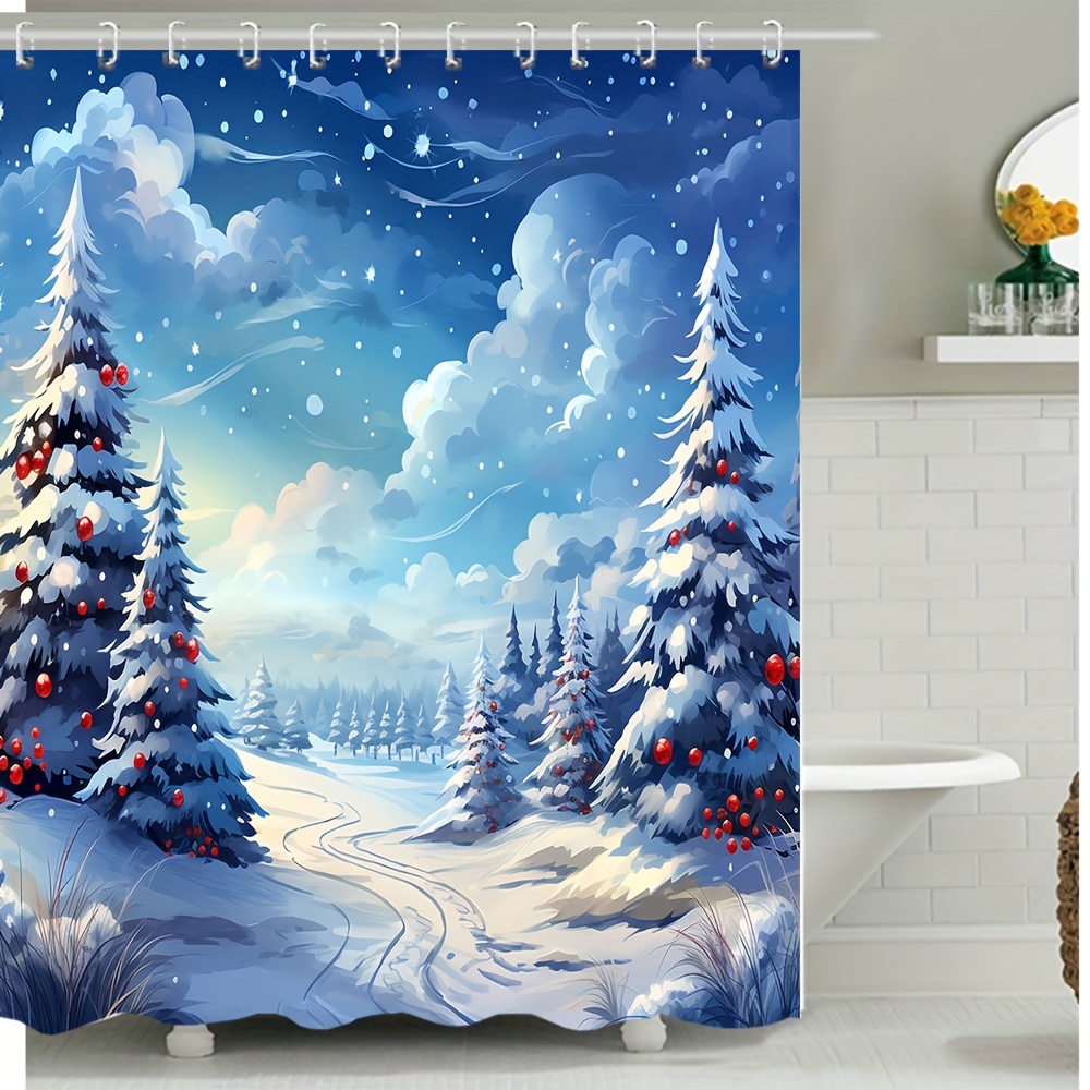 

Charm, Waterproof Christmas Shower Curtain With Snow Scene & - Machine Washable, Includes Hooks, Holiday Bathroom Decor