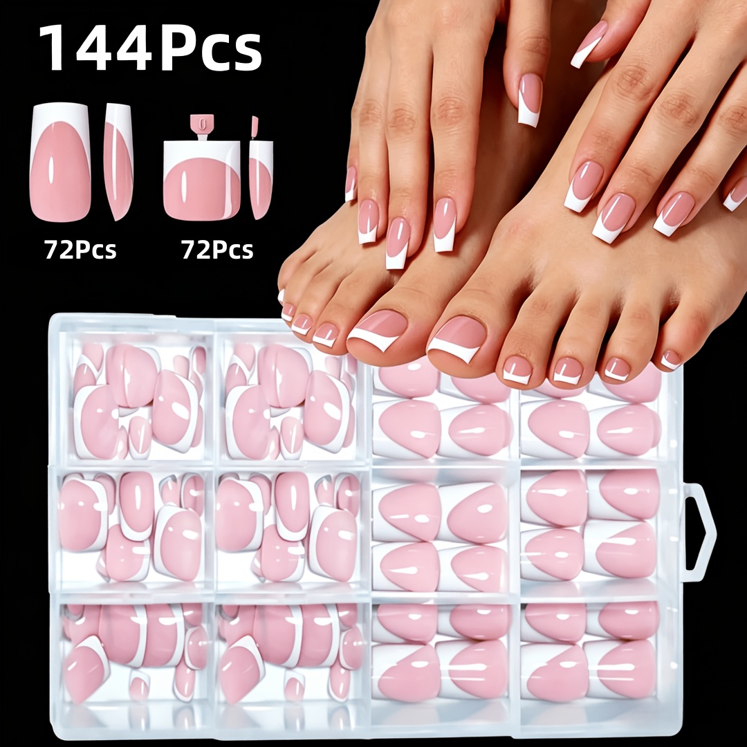 TEMU 144pcs Short/long Square Hand And Foot Press On Nail Combination Set, Pink And Gel Nail Tips Combination Set, Suitable For All Women And Design